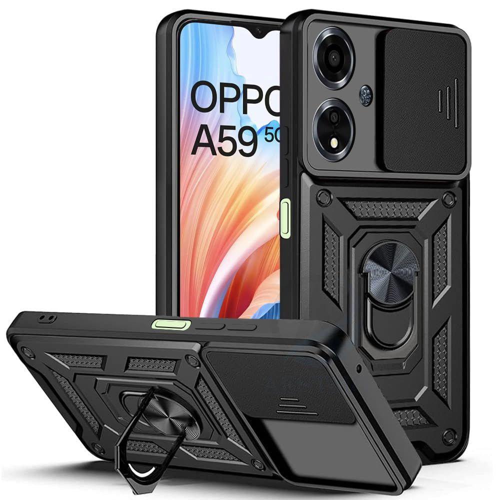 AESTMO Tough Armor Oppo A59 5G Bumper Back Case Cover | Ring Holder & Sliding Camera Shield Cover | 360 Degree Protection Back Case Cover for Oppo A59 5G (Black) (B0D7MW1WXL) Amazon Price History, Amazon Price Tracker