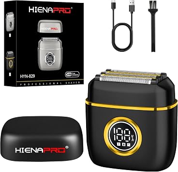 HIENA PRO Mens Electric Foil Shaver - USB-C Rechargeable, IPX7 Waterproof, Pocket-Sized with LED Display for Travel & Home Black Gold