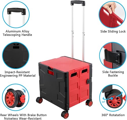 Miniatura 6 de Foldable Shopping Utility Cart Portable Rolling Crate Handcart with 360Rotate Wheel,Hidden Lid,Telescoping Handle Collapsible for Travel Shopping