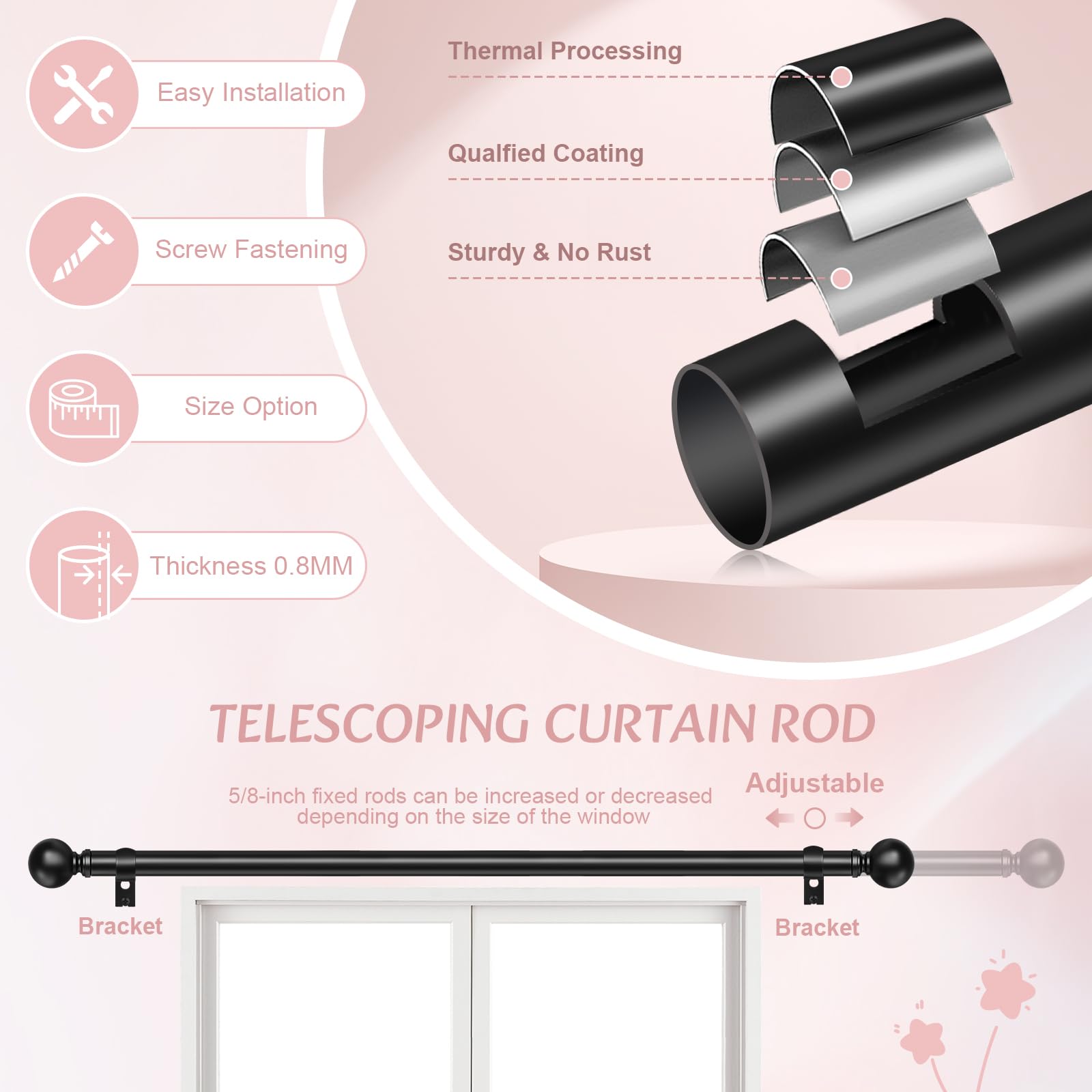 Hei!Dear Black Curtain Rods for window 20 to 40 Inches(1.67-3.33 Feet), Adjustable 5/8 inch, Heavy Duty Decorative Drapery Rods,Small Window Rods Set,Size: 18