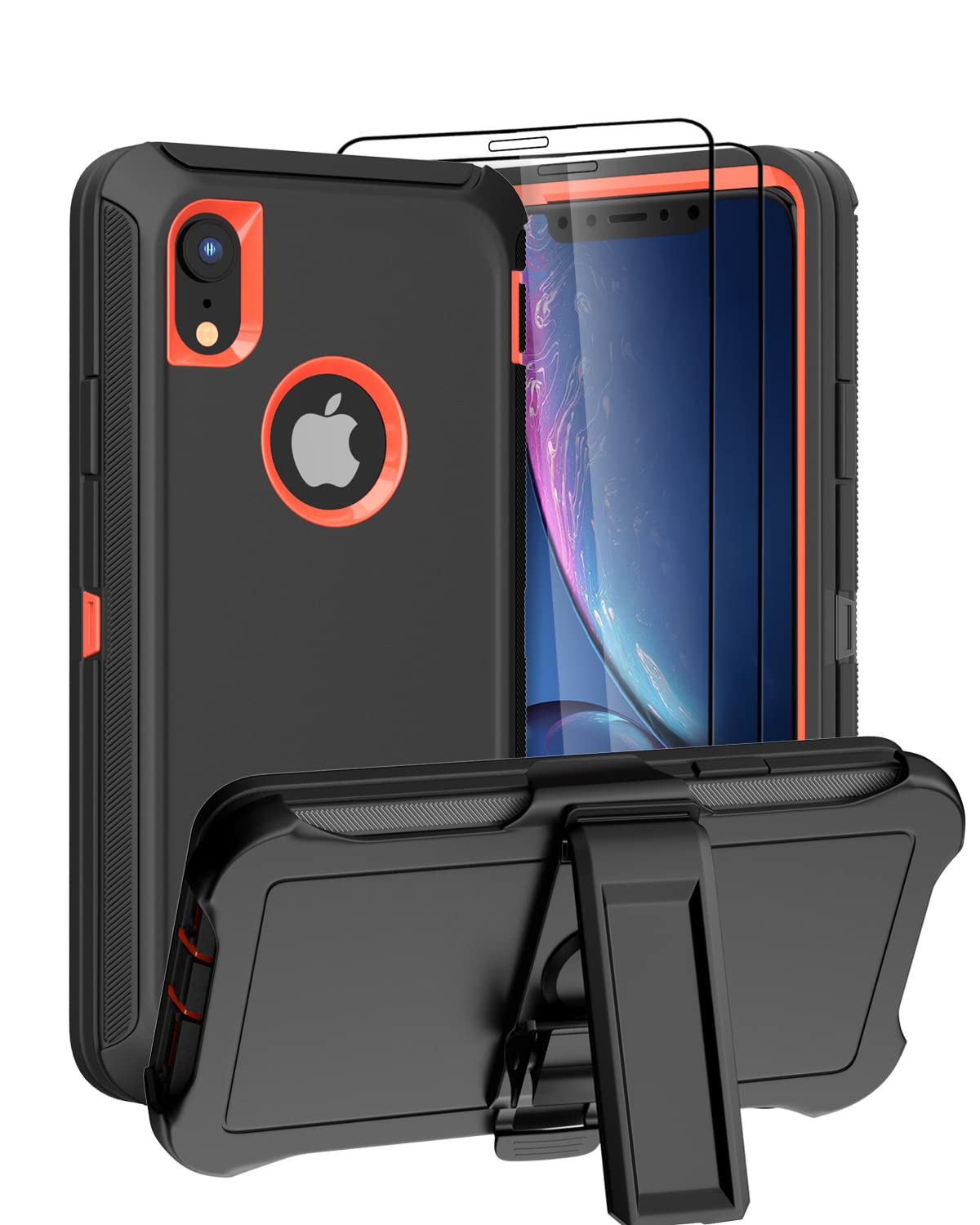 Designed for iPhone XR Case [3 in 1 Full Body Protection] Belt-Clip Kickstand Holster with 2 Screen Protector, Rugged Heavy Duty Military Grade Cover,