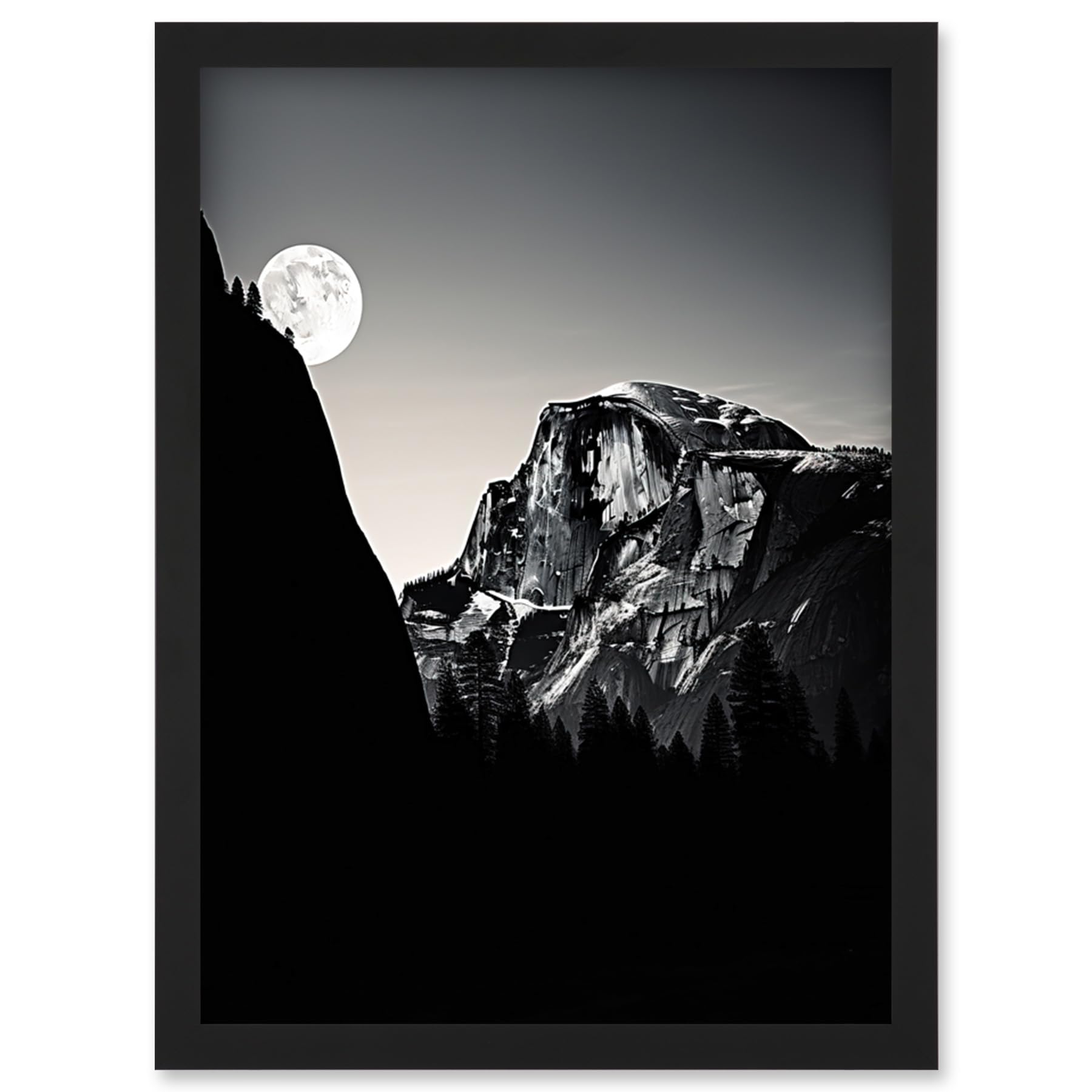 Artery8 Moonrise by Half Dome Yosemite National Park Black and White Photograph Wall Art Print A4 Size
