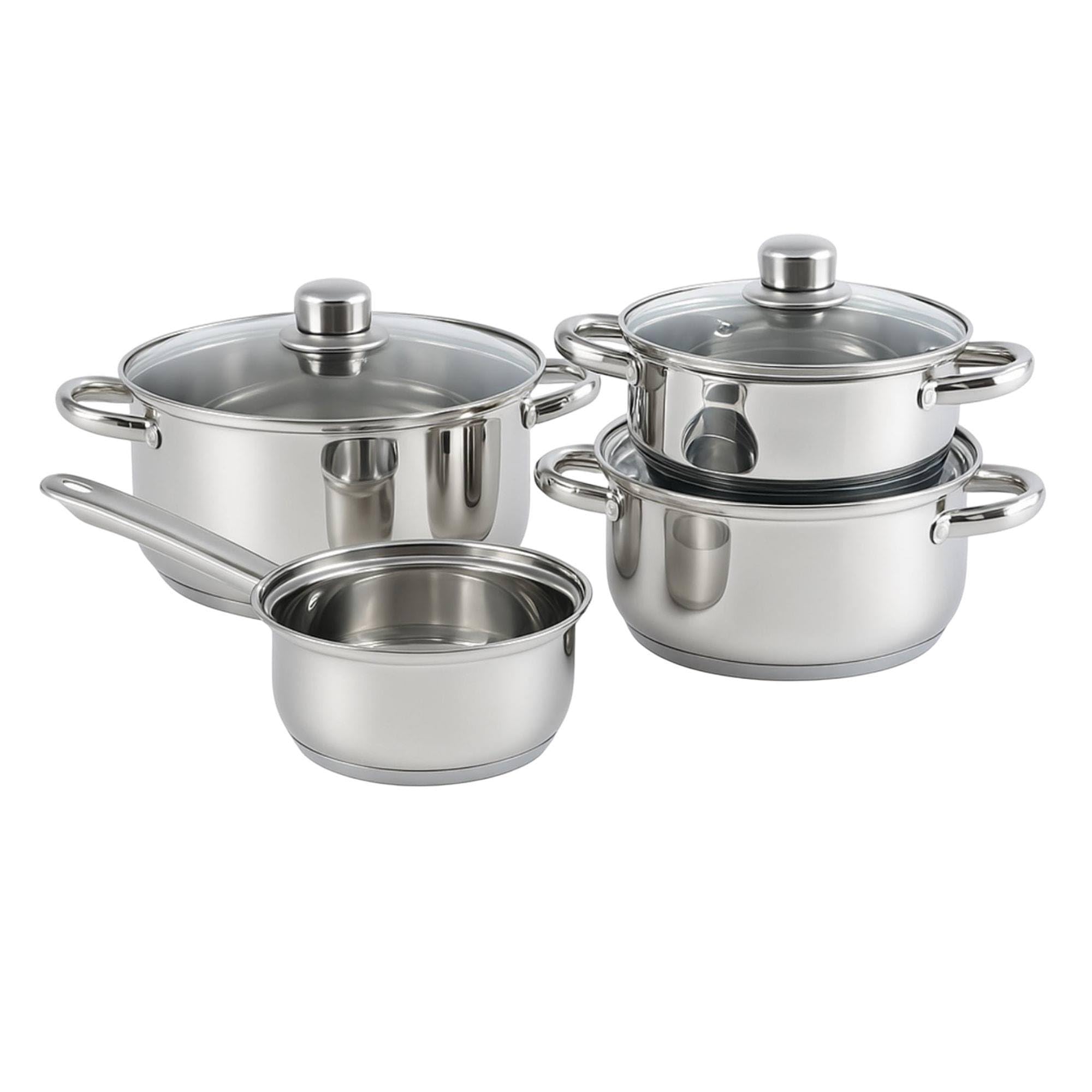 Well Home Pack Batería de cocina 7 Piezas en acero inoxidable + Sartenes Ø16Ø20Ø24Ø28cm Aluminio prensado Bronce metalizado