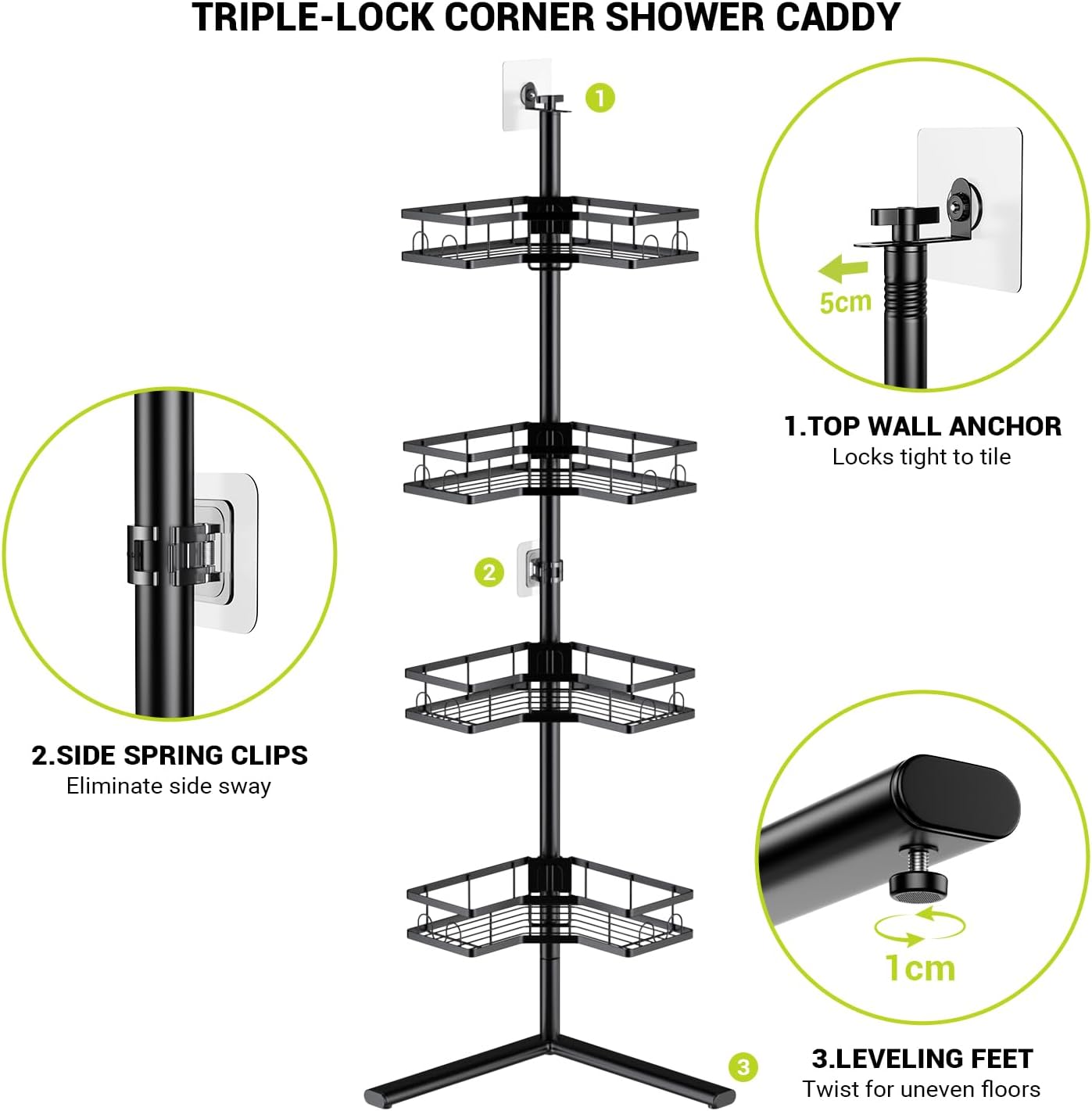Corner Shower Caddy Standing: 4-Tier Rustproof Shower Shelves Corner - No Drilling Floor Shower Organizer Rack for Bathroom, Renters, Apartment