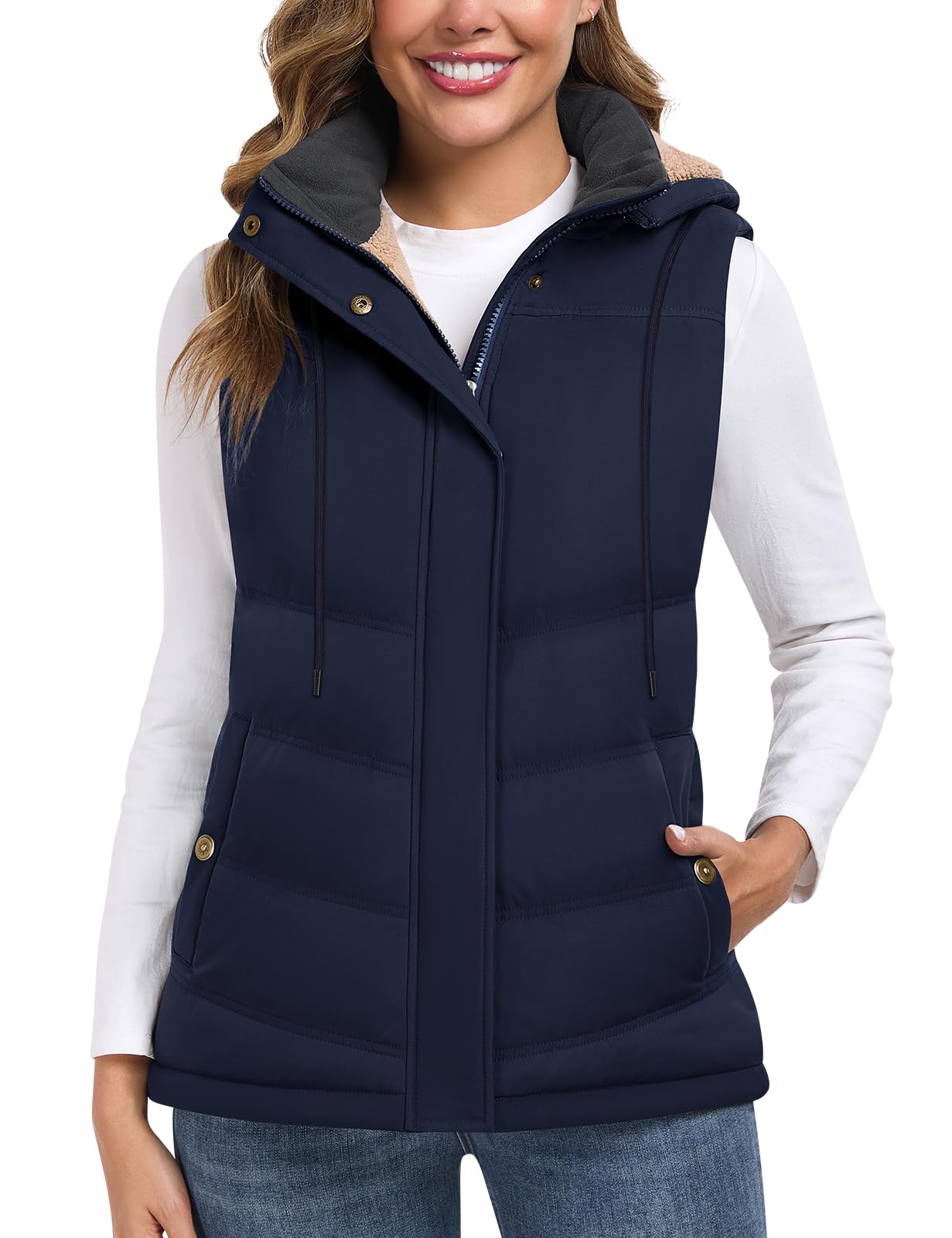 Tuopuda Chaleco Mujer Polar Chaleco Acolchado Invierno Termico Chaquetas sin Mangas con Capucha Desmontable Chalecos Exteriores con Bolsillos Outwear con Cremallera