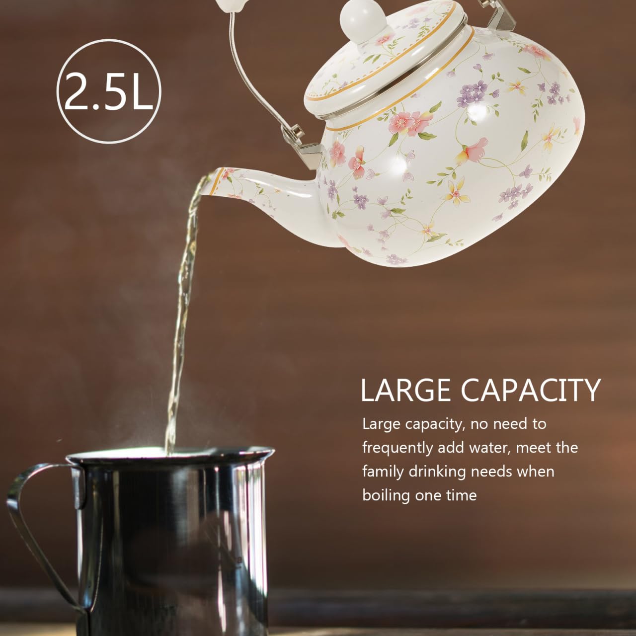 Vaguelly Waterkoker van Geëmailleerd Staal Vintage Theeketel 2500 ML met Keramische Handvatten Roos Bloemen Patroon Koken Pot Voor Gas Inductie Kookplaat