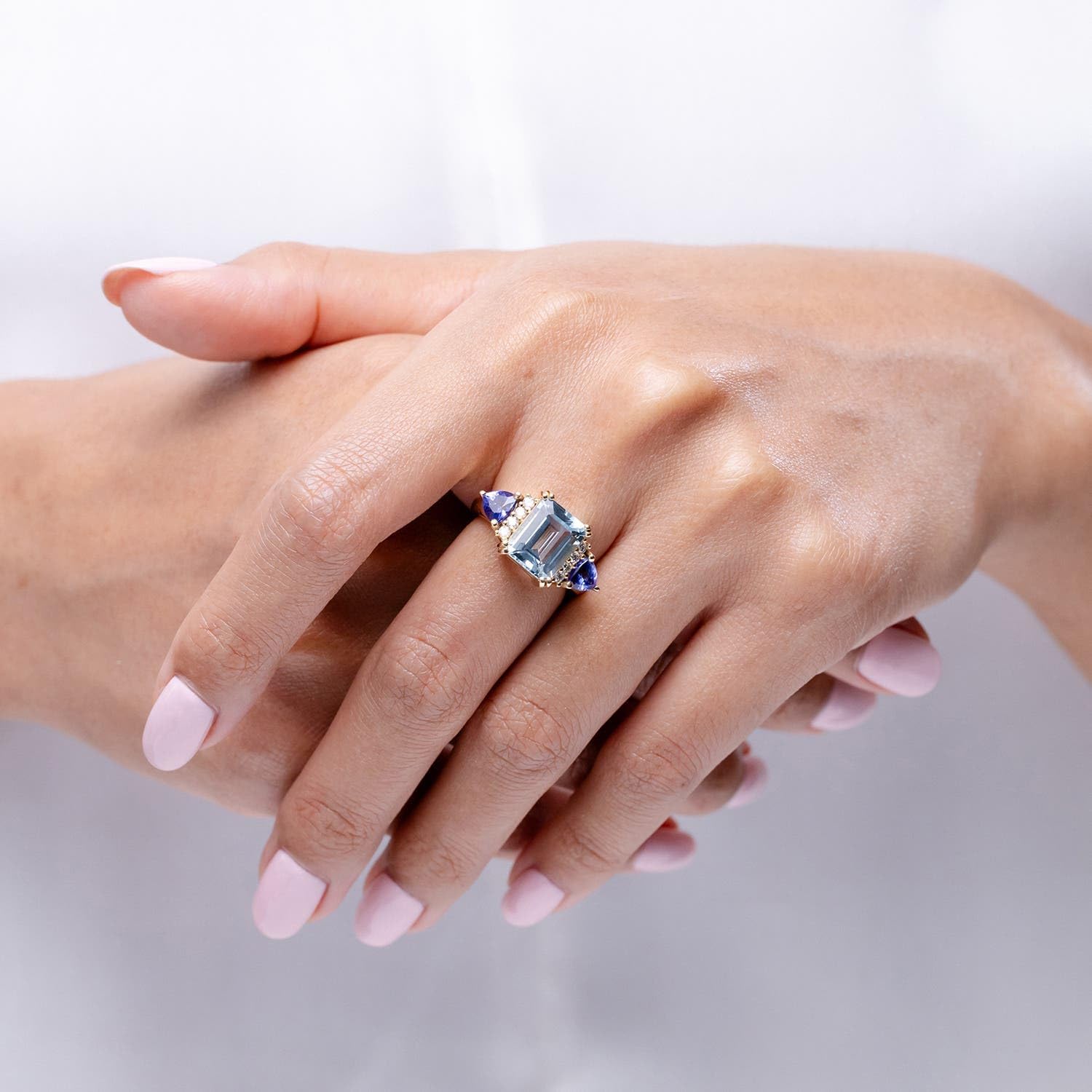 Angara Natural Emerald Cut Aquamarine Trillion Tanzanite 3 Stone Ring in 14K Solid Gold/Platinum | March Birthstone, Birthday, Engagement, Anniversary, Wedding Jewelry Gift for Women - Image 5