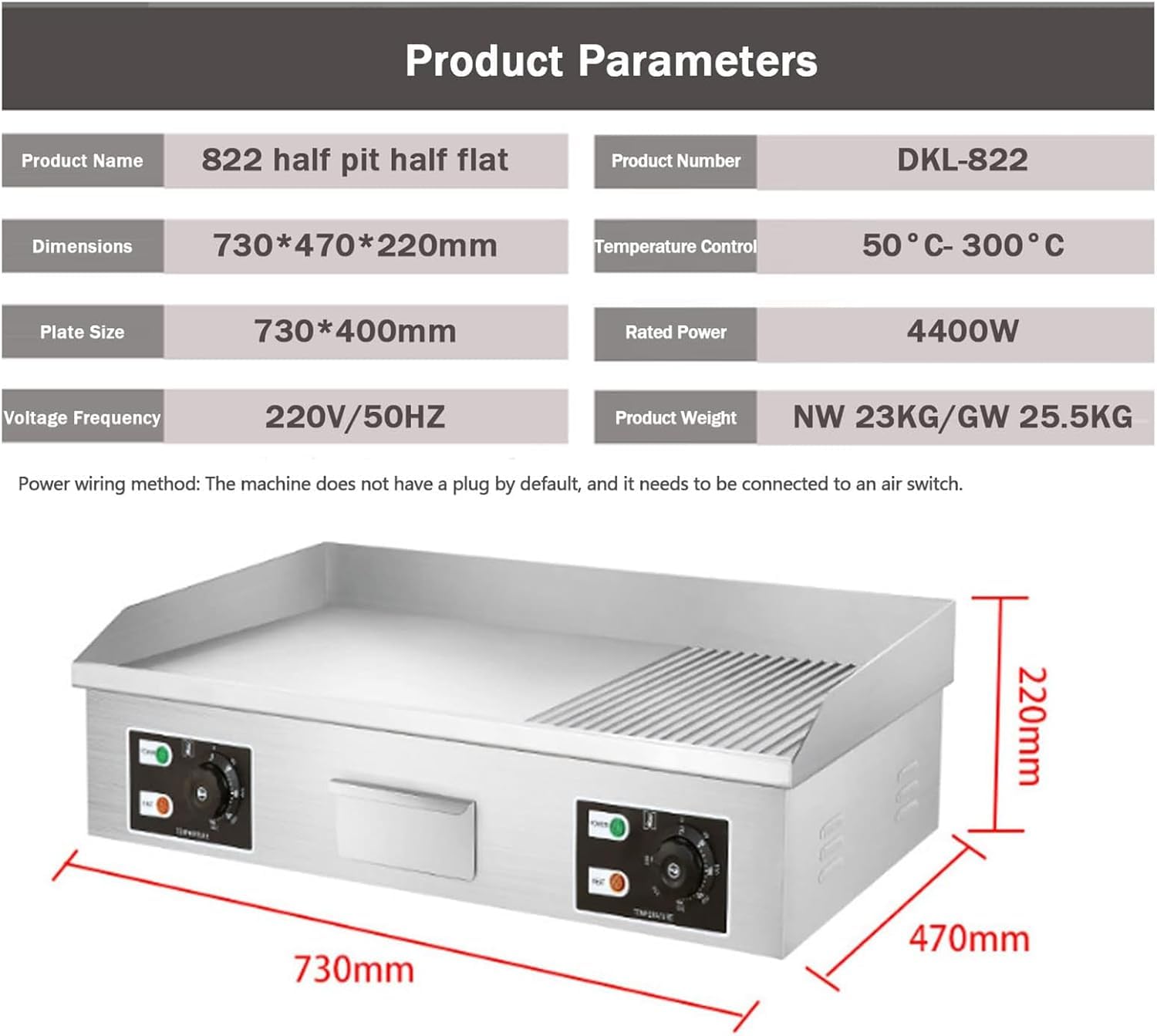 Plancha eléctrica comercial, plancha plana de encimera, parrilla de barbacoa comercial antiadherente de acero inoxidable, dos quemadores con control termostático, 3000 W (2/3 plano y ranura de 1/3) 6