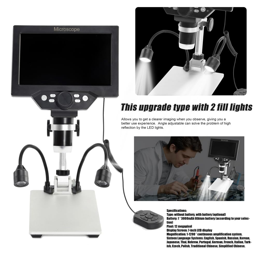 Microscopio digital B1200 de 7 pulgadas, pantalla LCD a color grande de 12 MP 1-1200X, lupa de amplificación continua con soporte de metal y dos luces auxiliares