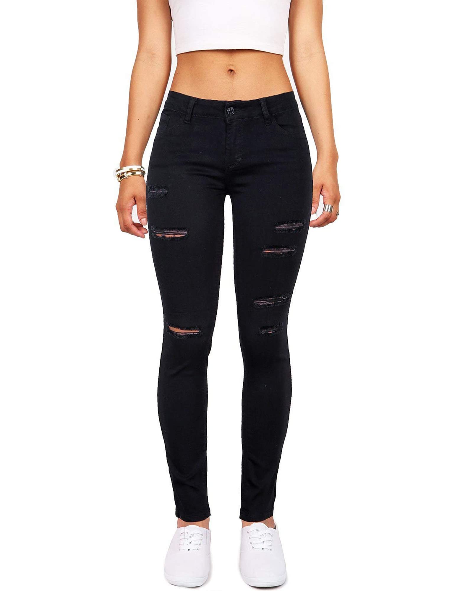 BISUAL Women's Juniors Skinny Jeans Mid-Rise Distressed Slim Fit Stretchy Jegging Denim Pants (Black, US 12)