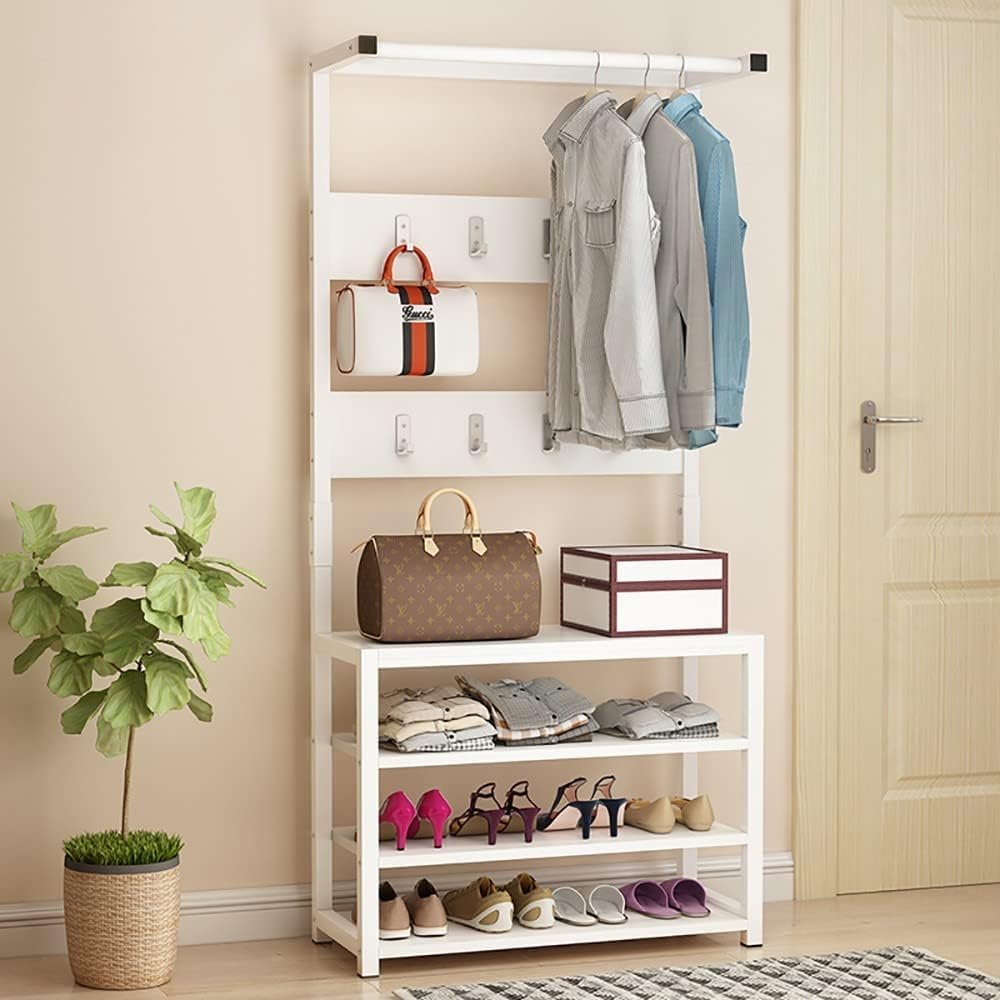 MYUYEE Coat Rack With Bench, Coat Rack With Shoe Rack, 60X34X170Cm, Coat Rack With 8 Hooks And 2 Levels Shoe Rack For Hallway Entrance Area(60X34X170Cm C-C)