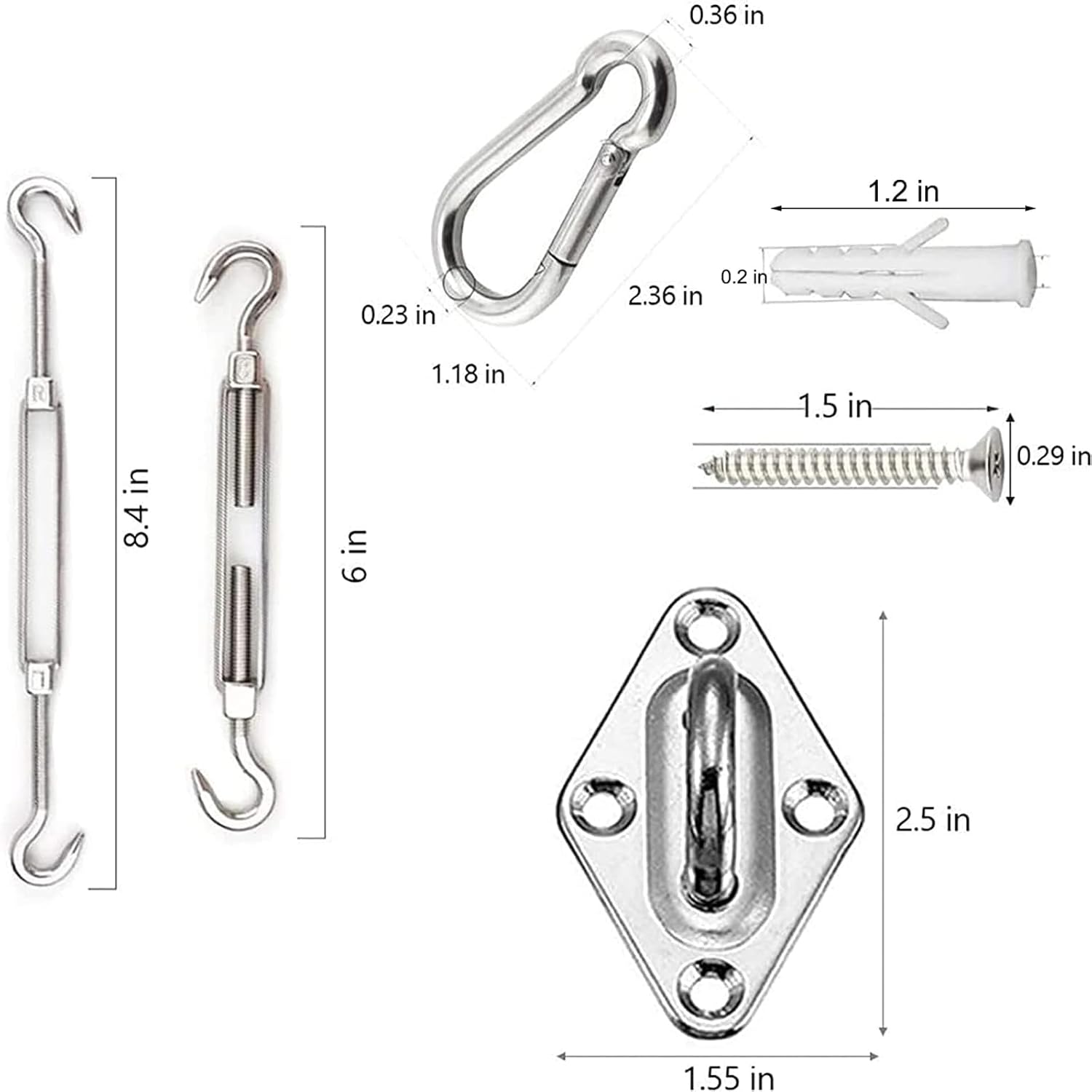 Shade Sail Hardware Kit 6 inch for Triangle Rectangle Sun Shade Sail Installation, 304 Grade Stainless Heavy Duty Anti-Rust for Outdoor Patio Lawn and Garden
