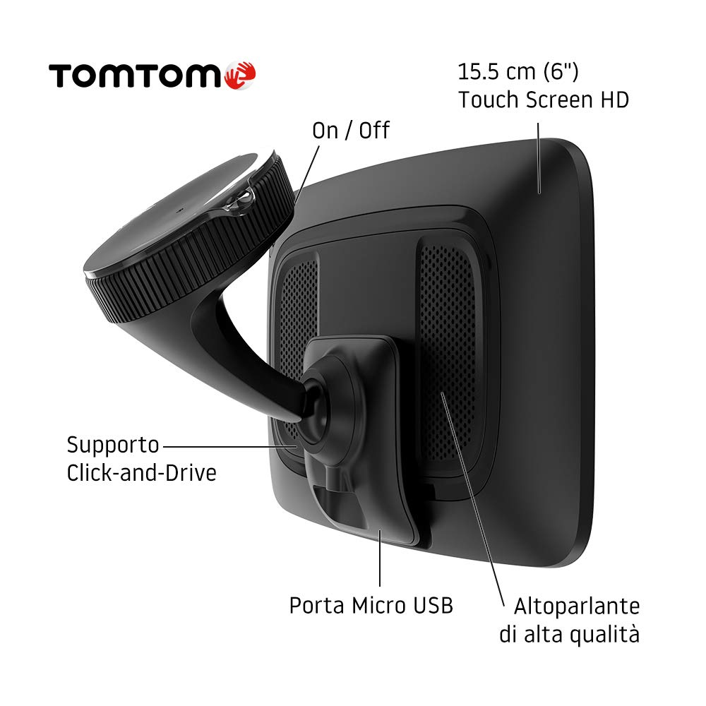 TomTom Navigatore Satellitare Auto GO Discover, 6 Pollici, con Traffico, Tutor, Autovelox, Mappe Mondo, Aggiornamenti Veloci Tramite WiFi, Parcheggi, Prezzi Benzina, Supporto Reversibile Magnetico