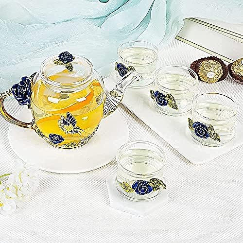 Floatant Glass Teapot- France Enamel Blue Rose Flower Butterfly Decoration Heat Resistant Glass Teapot with Strainer for Blooming Tea, Loose Leaf Tea - 280 ml (9.47 oz)