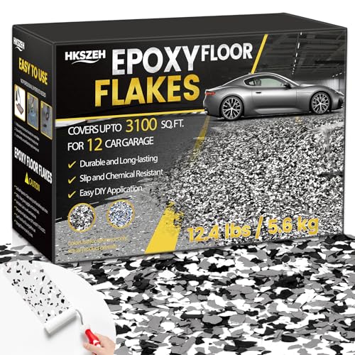 12.4lbs / 5.6 kg Epoxy Floor Flakes Black Gray White 3-5mm Blend Decorative Color Chips Epoxy Flooring Paint Chips Garage Floor Paint Flakes Concrete Floor Coating for Garages Basement Shops Exterior