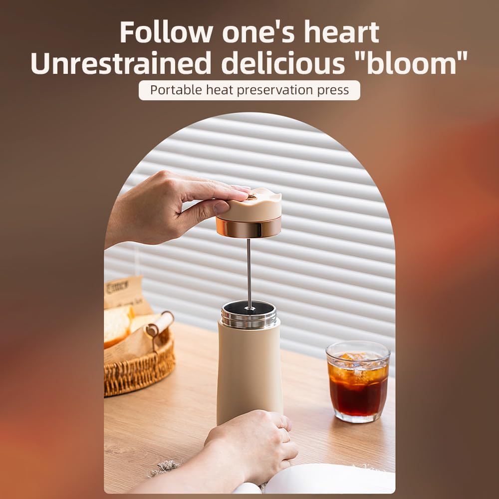 Taza de viaje portátil de acero inoxidable con aislamiento de prensa francesa, cafetera a prueba de fugas para café molido u hojas de té, ideal para preparar bebidas calientes o frías sobre la marcha