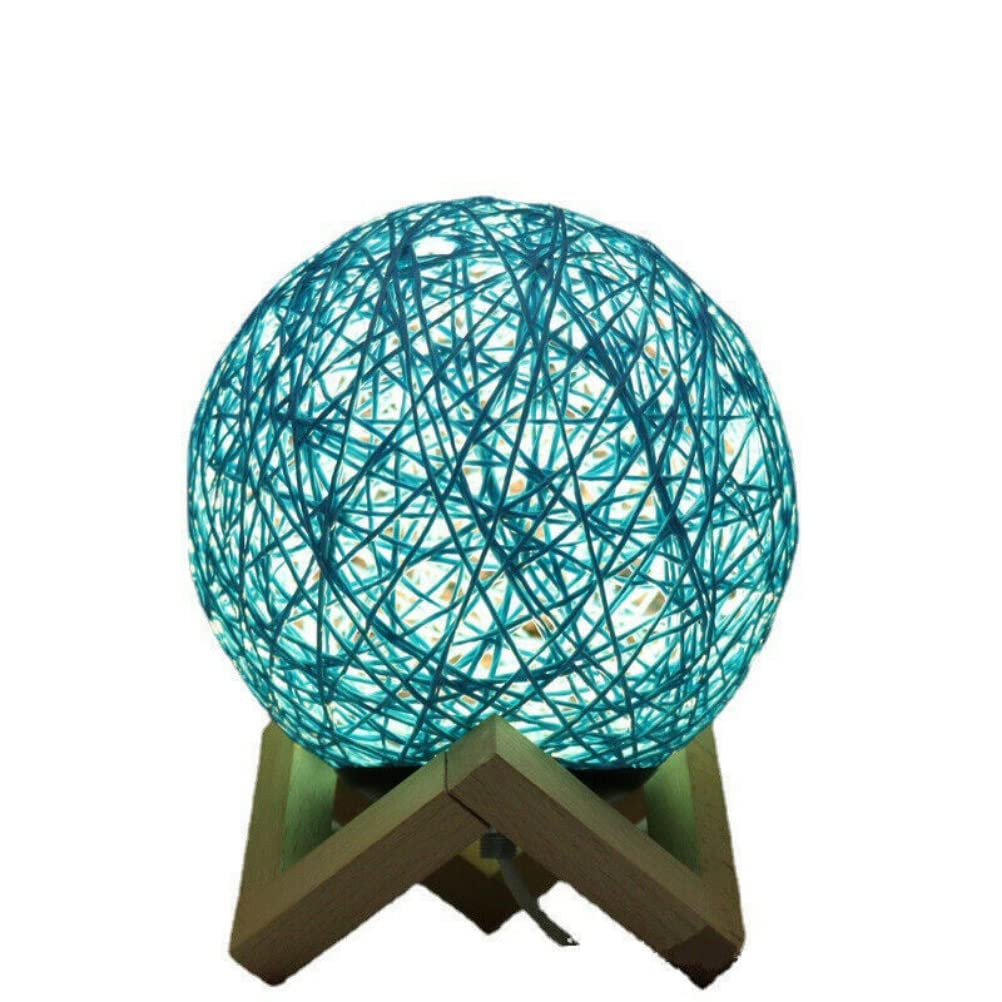 anso Rattan Ball LED Table Desk Bedside Night Light with Base Lamp Home Bedroom Multicoloured (Blue)