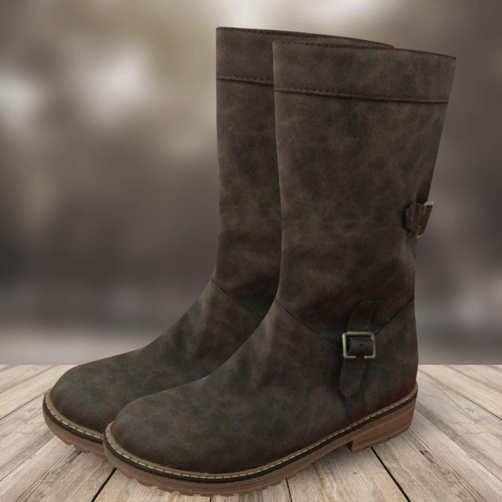 Stivali da Donna in Pelle Piatta Comoda Fibbia con Cerniera Scarpa da Cowboy con Tacco Basso Cavaliere