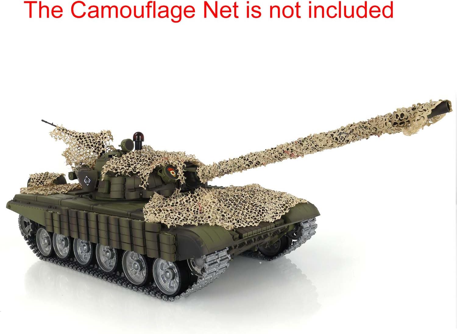 Close-up of the metal tracks and road wheels of the RC tank