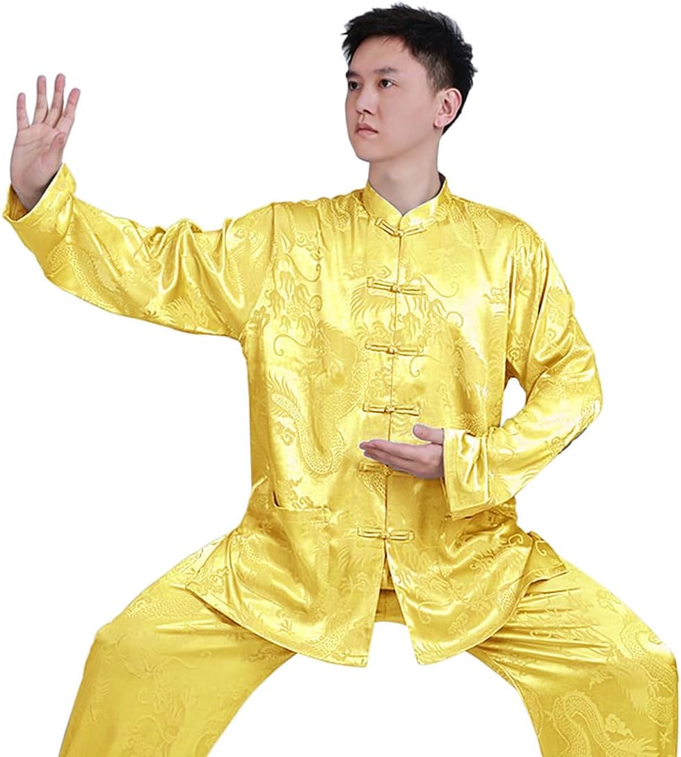 HZCX FASHION Mens 1 Piece Satin Jacquard Dragon Tang Uniform Shirt Traditional Chinese Kung Fu Tai Chi Shirt Frog Button Down