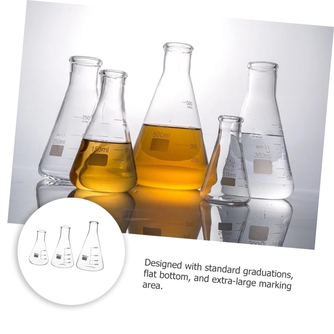 OUNONA 3pcs Graduated Borosilicate Glass Flasks Conical Flasks for Chemistry Lab Heavy Wall and Research Scale for Accurate Measurement