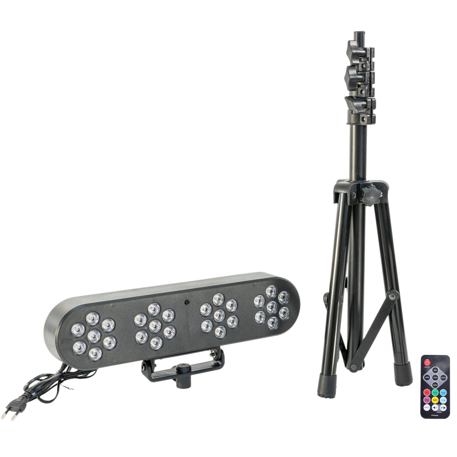 Party Light & Sound - FUNLED - Spettacolo di luci con 4 effetti su stativo telescopico - 4 PAR di 7 LED da 1 W ciascuno - Telecomando - Effetto strobo - Stativo incluso con altezza regolabile