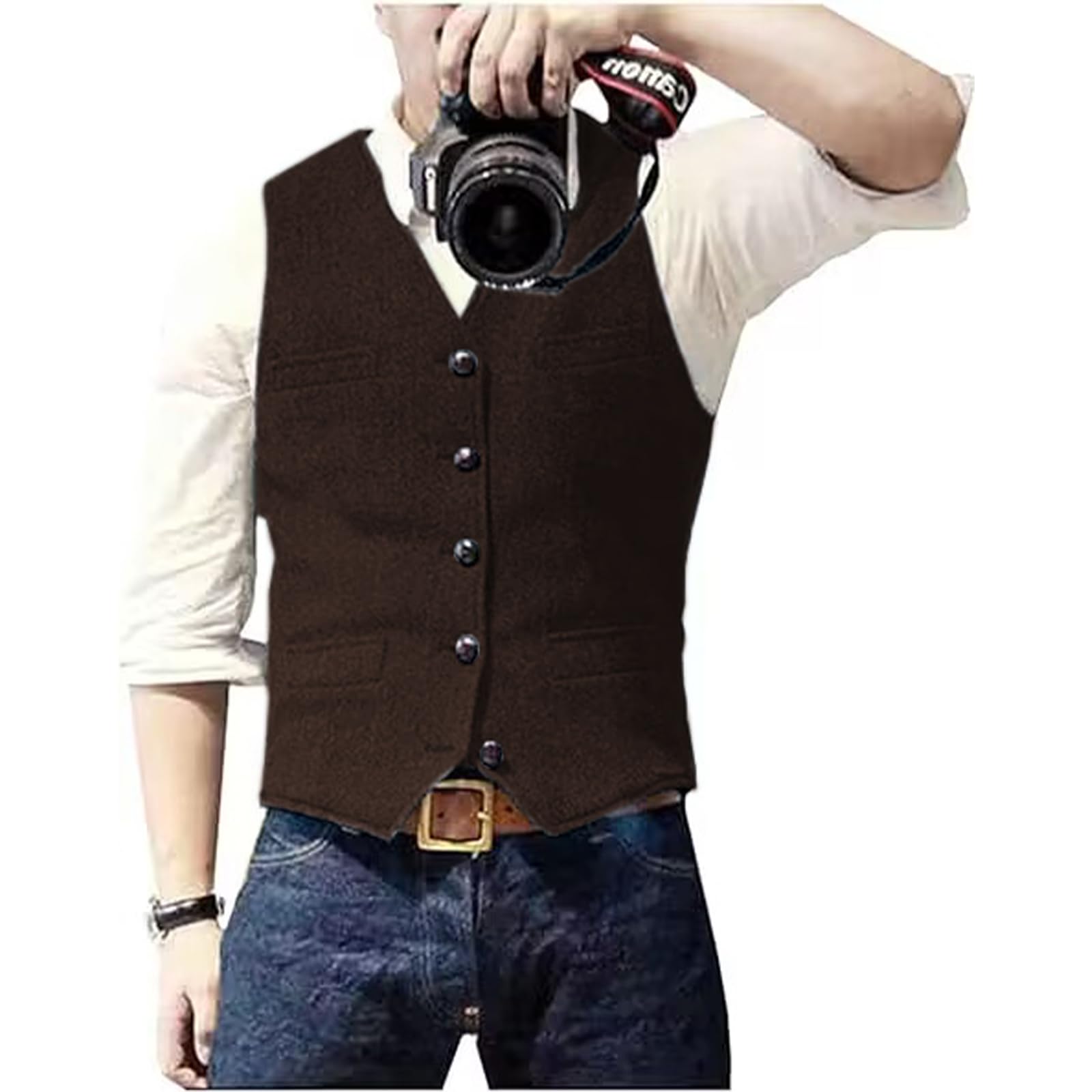 Solovedress Men's Casual Wool Herringbone Suit Vest V-Neck Tweed Vest for Wedding Groomsmen, coffee, XS