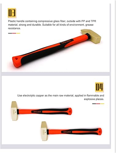 Miniatura 7 de WEDO Martillo de maquinistas sin chispas, martillo de chapa de 1.1 lb450g, martillo de cruz Peen, longitud 12.205 in, mango de fibra de vidrio,