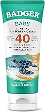 Badger Mineral Baby Sunscreen Cream SPF 40, 98% Organic Toddler Sunscreen with Zinc Oxide, Broad Spectrum, Reef Safe, Water Resistant, Pediatrician Tested Baby Sunblock for Sensitive Skin, 2.9 fl oz