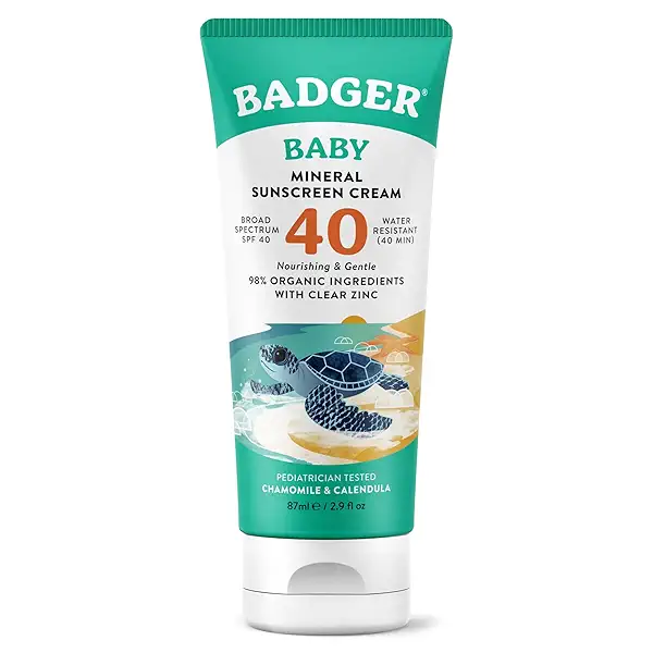 Badger Mineral Baby Sunscreen Cream SPF 40, 98% Organic Toddler Sunscreen with Zinc Oxide, Broad Spectrum, Reef Safe, Water Resistant, Pediatrician Tested Baby Sunblock for Sensitive Skin, 2.9 fl oz 1