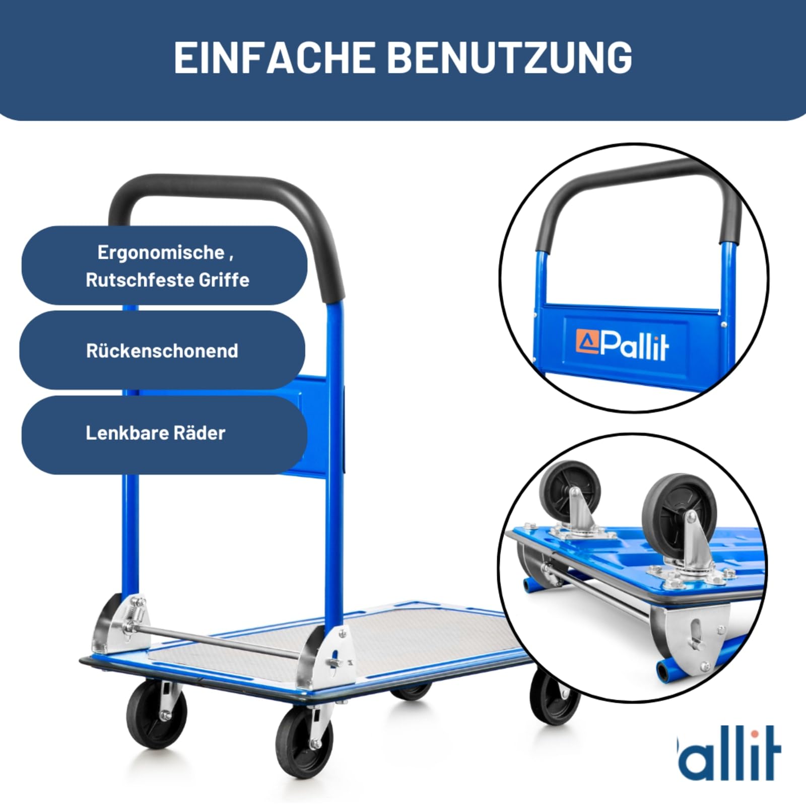 Pallit Carro de transporte plegable carretilla traspaleta manual en color azul, capacidad de carga de 300 kg, plegable, con revestimiento antideslizante, ayuda de transporte