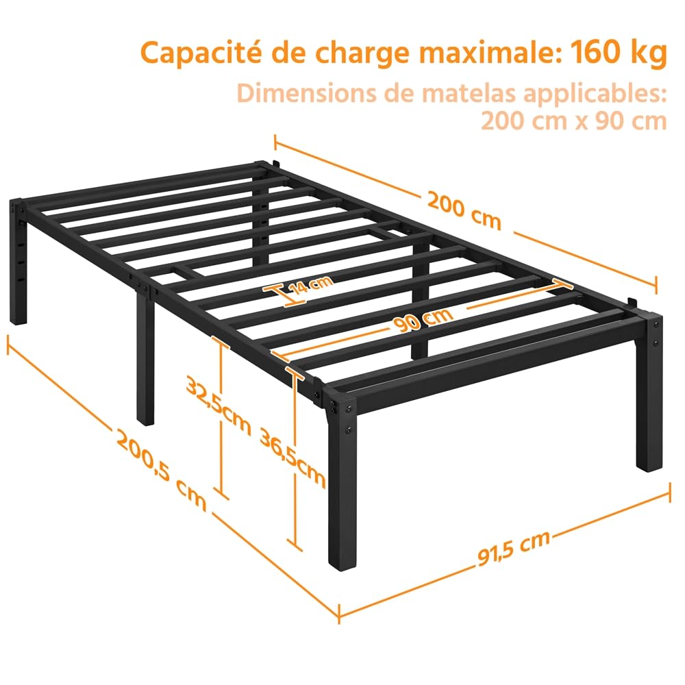 Yaheetech Lit Simple 90x200x36cm avec Sommier en Métal Charge 204 kg Noir | Cadre de Lit 1 place pour Adultes Petit Espace Structure Renforcée Assemblage Simple avec Espace de Rangement pour Chambre