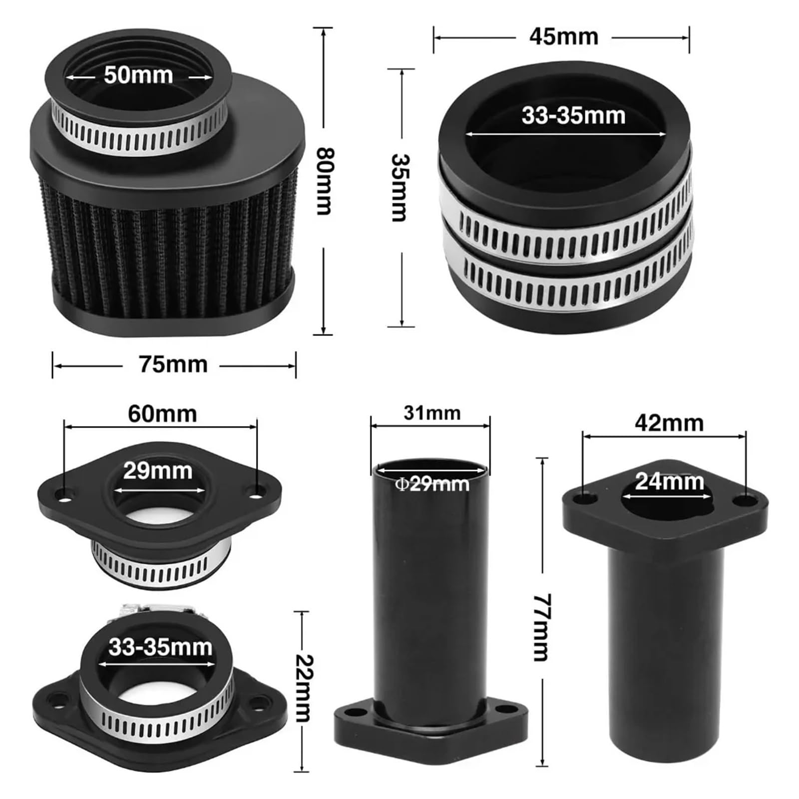 carburador de desbrozadora de gasolina Carburador para carburador para PWK con filtro de aire para adaptador colector admisión Tazón flotante visible Tubo codo guía(30mm Black Kit 2)
