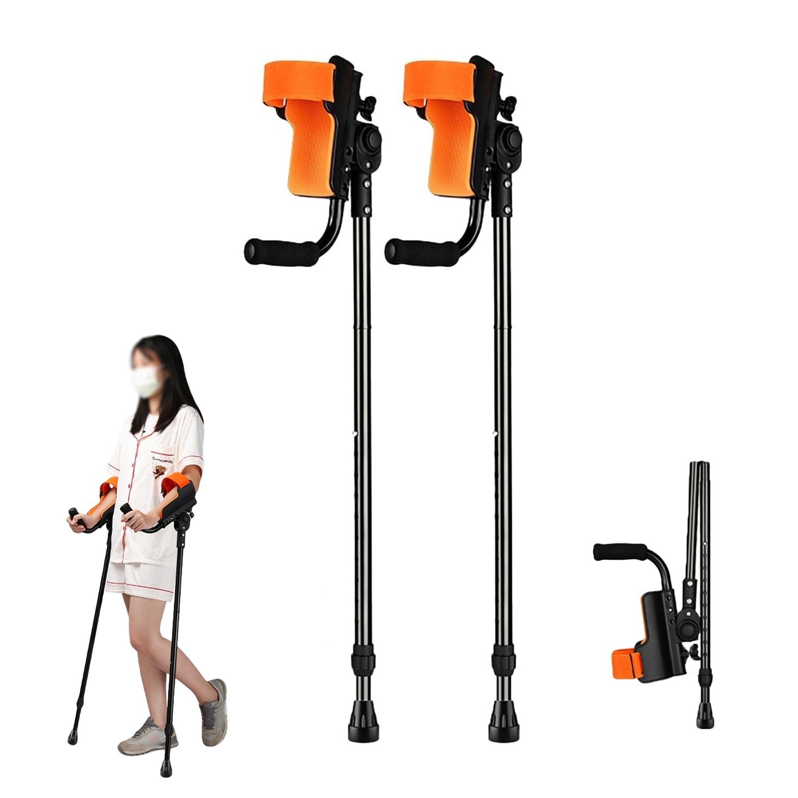 Muletas de antebrazo, muletas portátiles de altura ajustable con soporte ergonómico para adultos, ajuste de altura de 10 niveles, 3 engranajes para soporte de codo, diseño plegable compacto