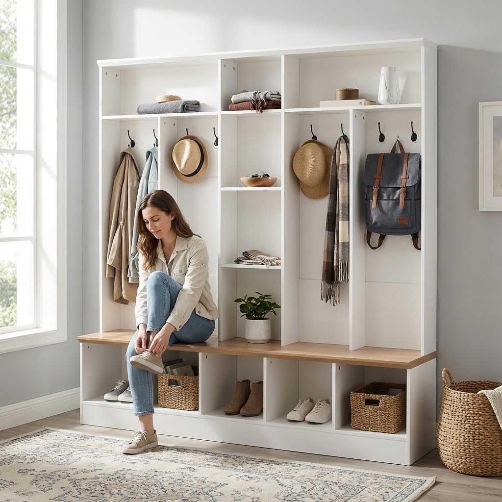 Wide Design Hall Tree with Bench and Shoe Storage, Minimalist Shoe Cabinet with Cube Compartments and Open Shelves, Multifu