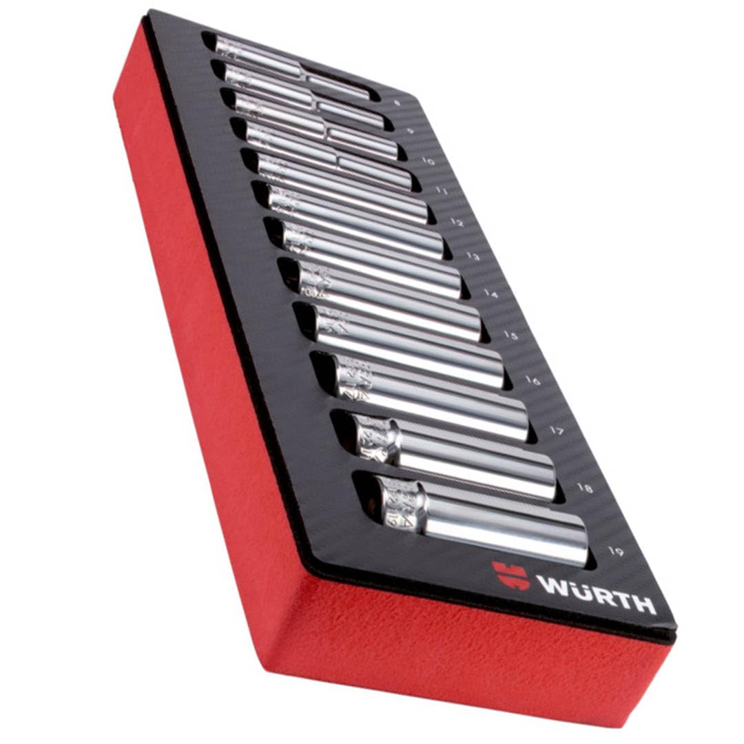 Würth Zebra 3/8 Zoll Steckschlüssel Nuss Satz 12 Teile lange Ausführung 64mm 0965905909 in Systemsatz in Schaumeinlage in Carbon Optik 2.4.1 für Werkstattwagen