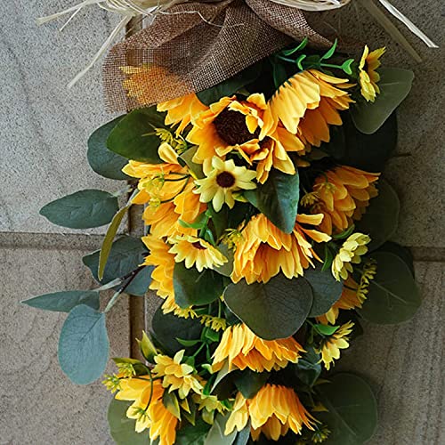 Prtecy Spring Sunflower Swag, Sunflower Teardrop Swag With Eucalyptus Leaves Front Door Sunflower Swags Wreath For Wedding Arch Front Door Wall Decor #TOP5
