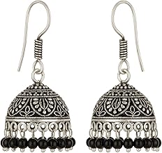Oxidised Silver Jhumki Earrings German Silver Oxidized Floral Design Stylish Colorful Pearl Drop Traditional Jhumki Earrings For Women & Girls