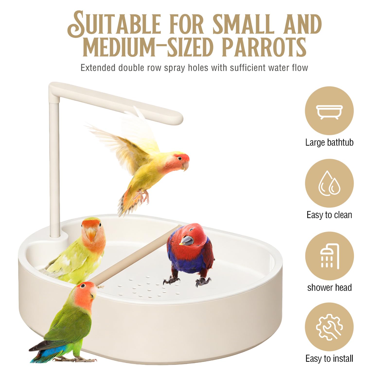Parrot Vogelbadewanne mit automatischer Dusche, große Vogel-Duschfontäne für den Innenbereich mit fließendem Wasser, inklusive USB-Anschluss und Pumpe, für Ziervögel, Conures, Wellensittiche (Weiß)