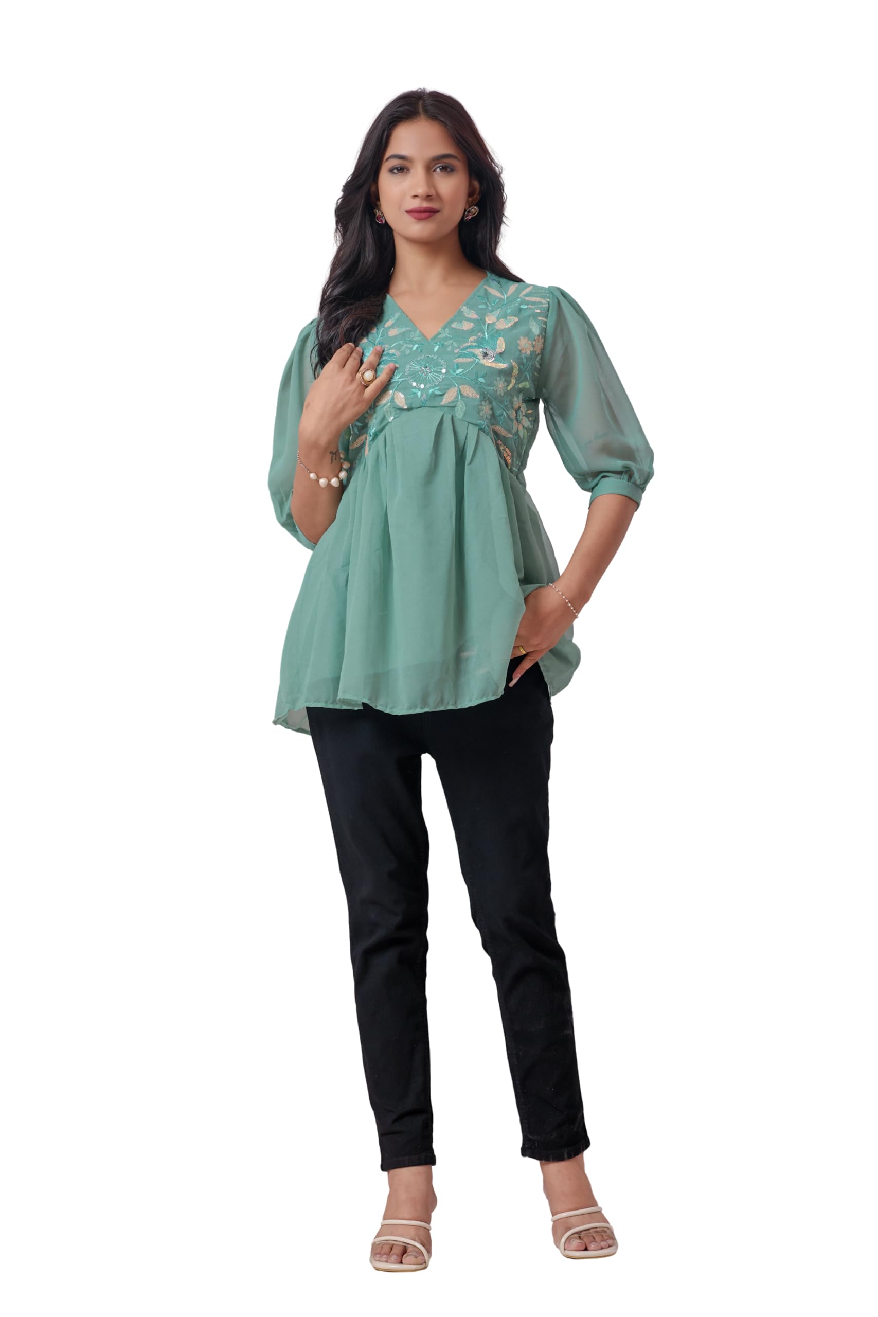 Women Casual Wear Georgette Tunic with Stylish Floral Embroidery-image-1