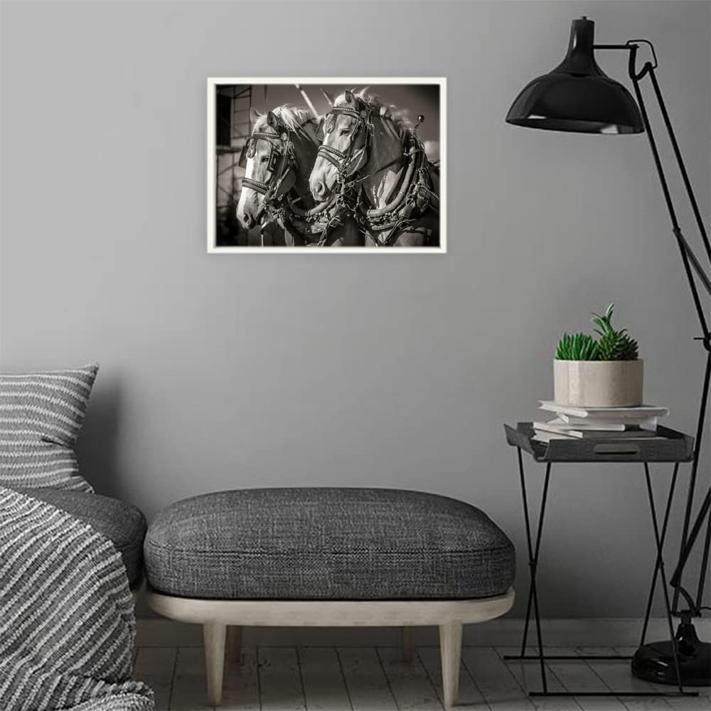 VERRE ART White Floater Framed Canvas - Wall Decor for Living Room, Bedroom, Office, Hotels, Drawing Room (14in X 10in) - Draft Horses B&W
