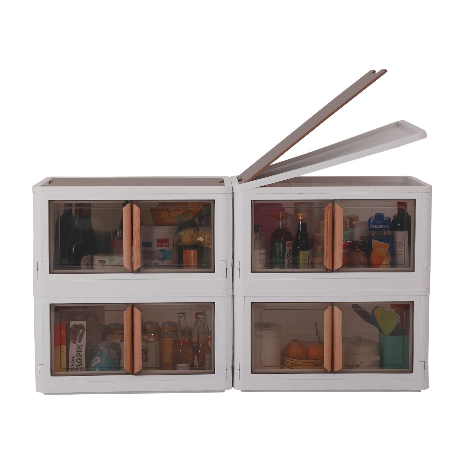 Kitchen Organizer with Table Lid, Large Storage Containers with Lids for Pantry Organization and Storage Stackable Kitchen Cabinet Organizers Clear Storage Bins with 2 Front Doors(4 Packs with 2 Wooden Lids)