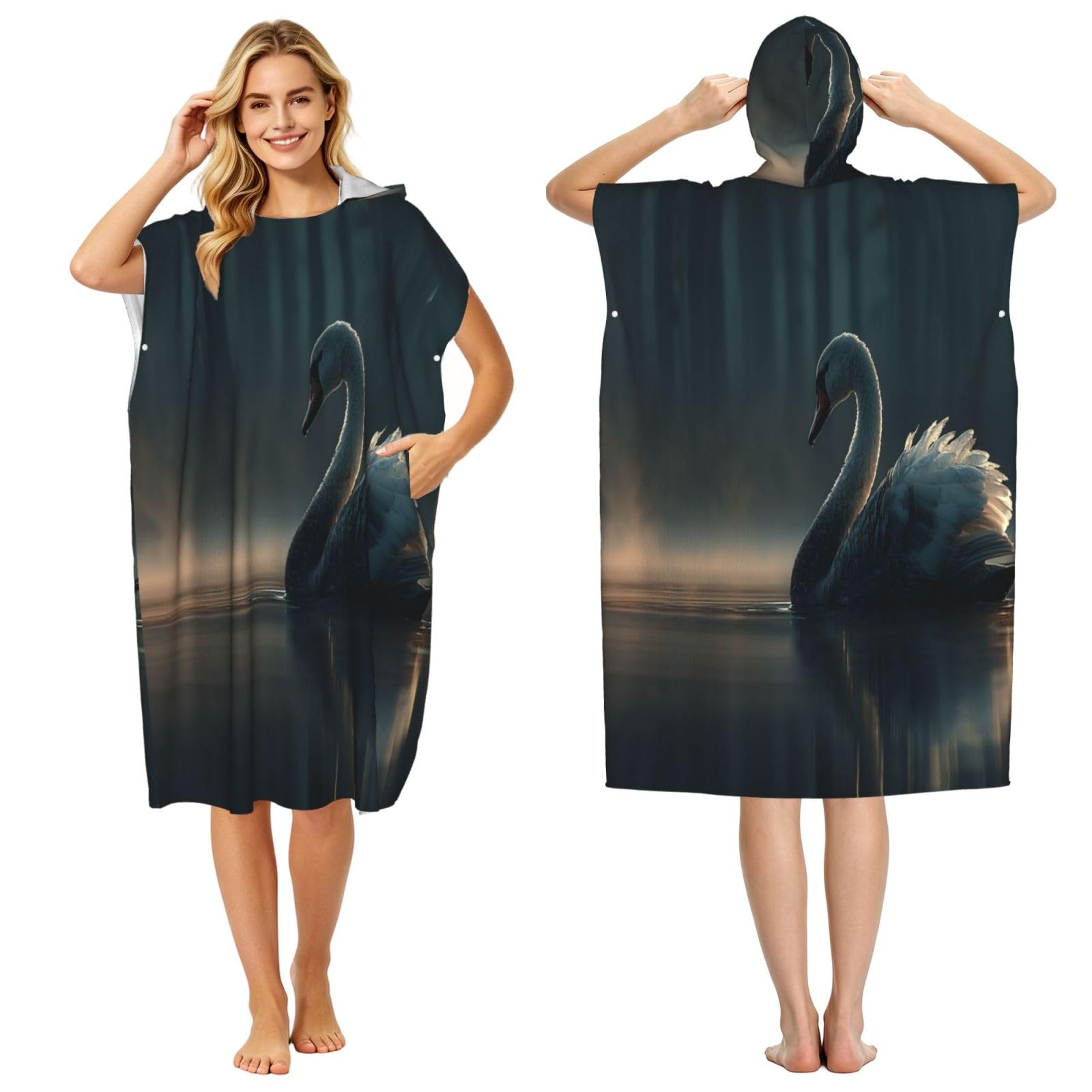 DTHKJNLSF Swans On The Lake Adult Hooded Beach Poncho Towel