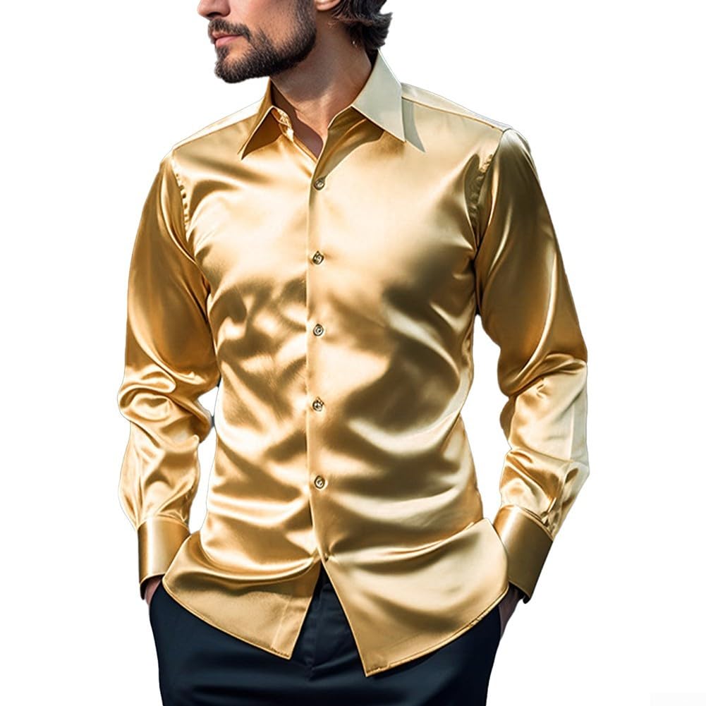QOXEZY Camicia da uomo in raso di seta casual slim fit abbottonatura giù partito manica lunga