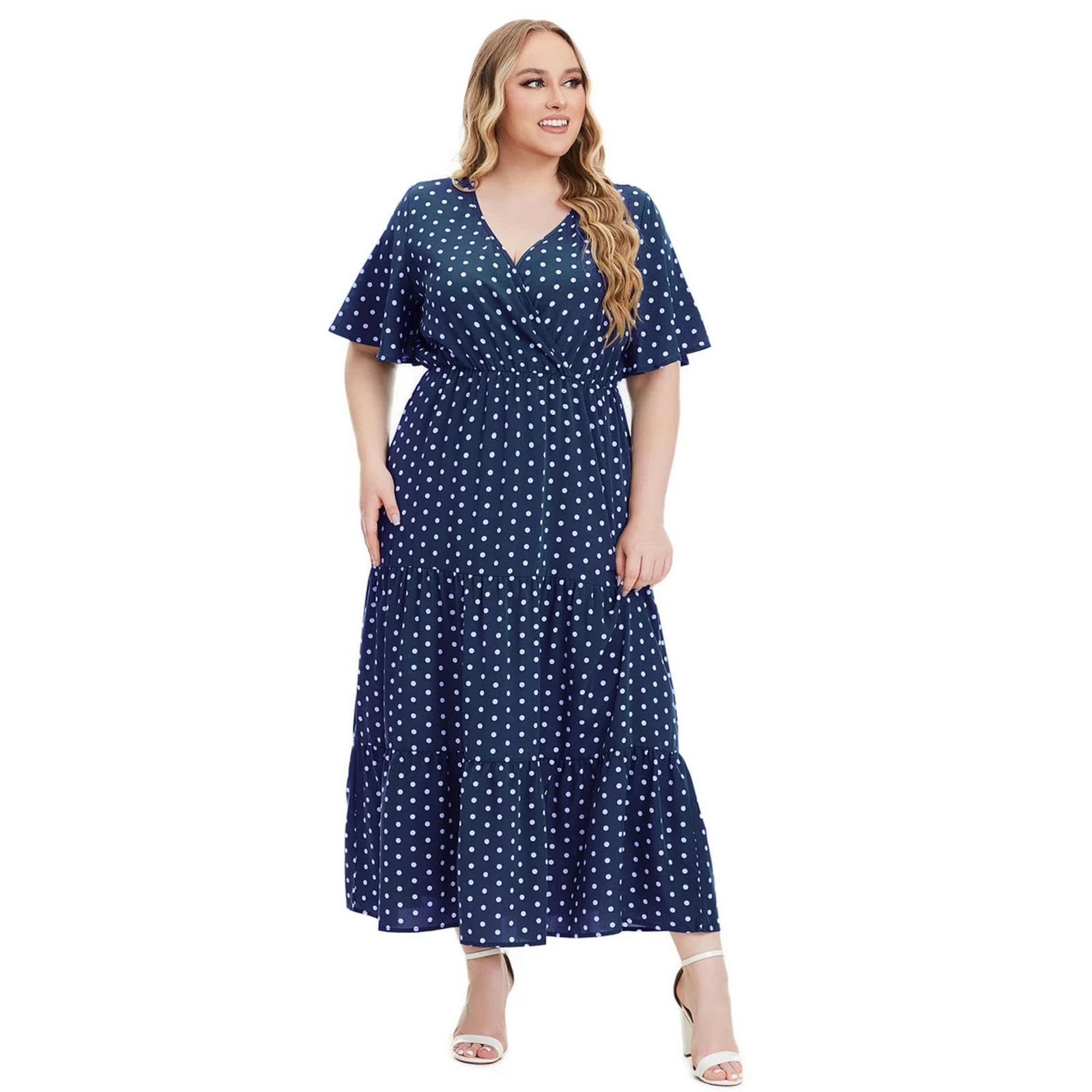 Casual Plus Size Polka Dots Dress Estate Manica Corta Scollo a V Sciolto Maxi Abiti Casuali, HUTALIM, Rosso, 3XL