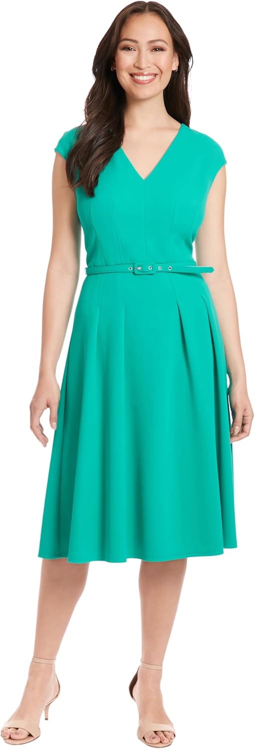 London Times Women's V-Neck Knee Length Fit and Flare Dress with Belt | Business Casual Dress for Women