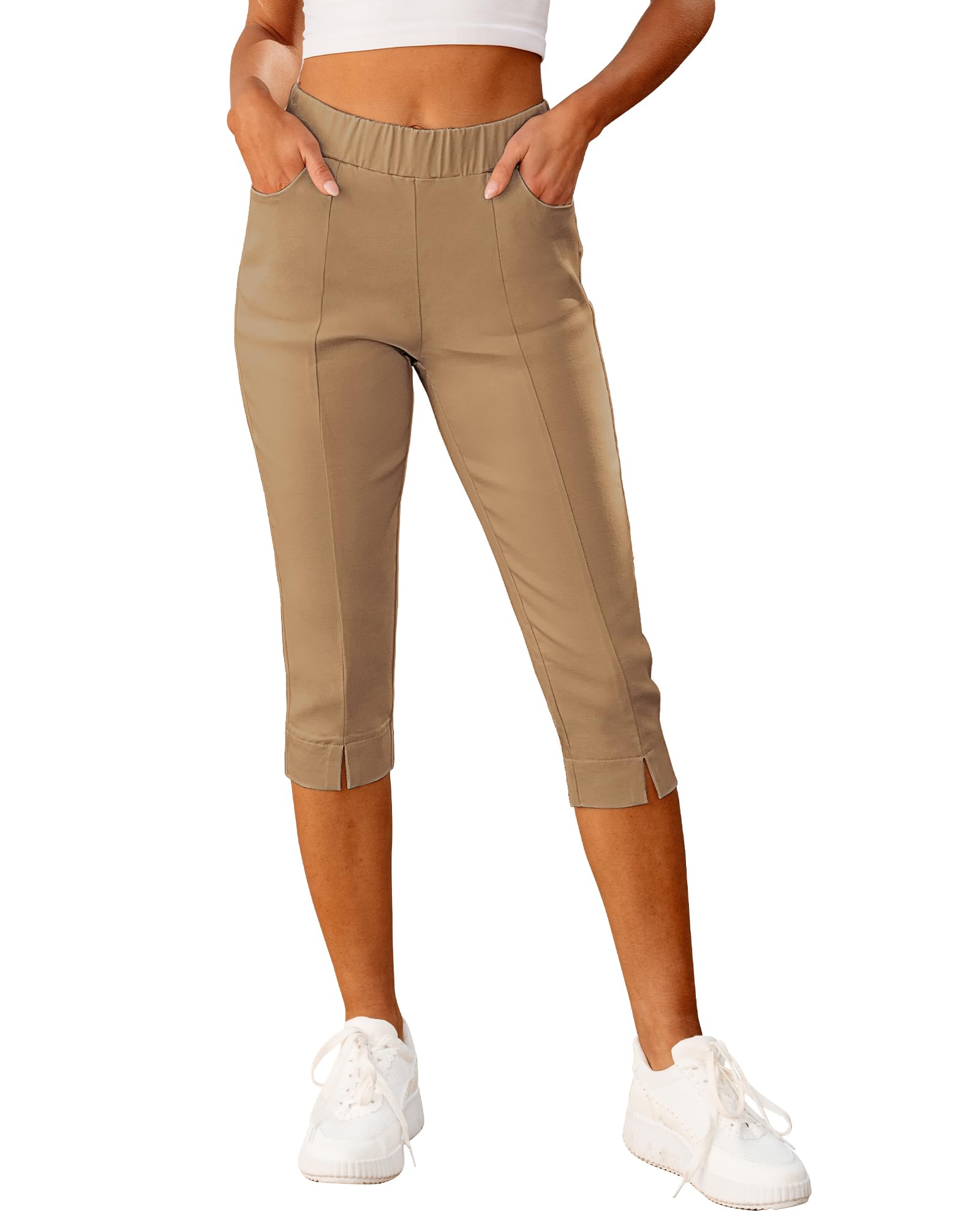 GRAPENT Capri Pants for Women High Waisted Pull On Elastic Waist Dressy Casual Stretchy Capris Trousers Pants Pockets