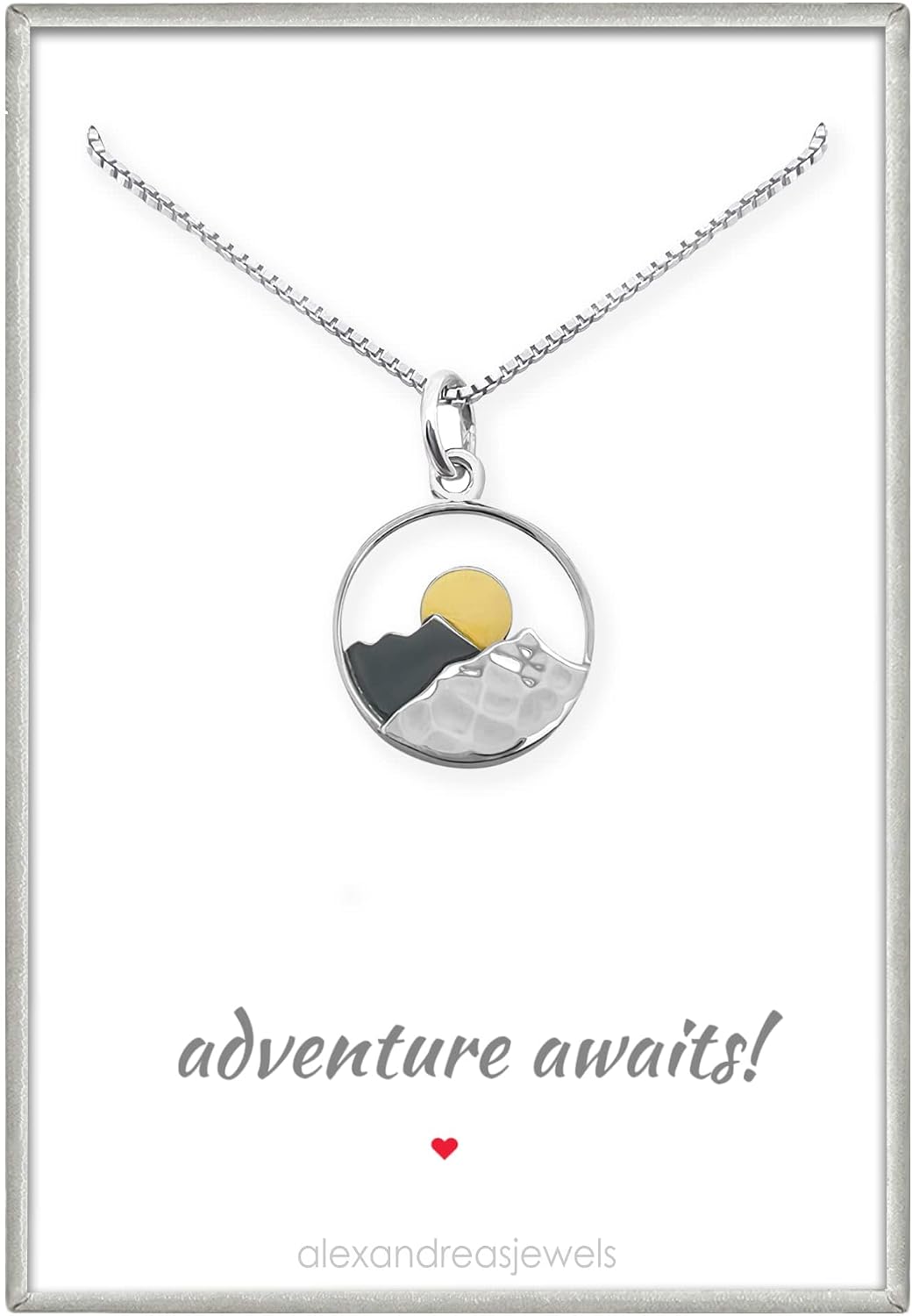 Sterling Silver Mountain Range and Bronze Sun Necklace, Mountain Necklace for Women, Travel Necklace, Outdoors Necklace