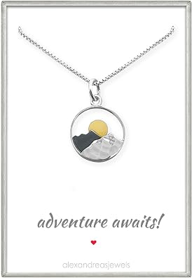 Sterling Silver Mountain Range and Bronze Sun Necklace, Mountain Necklace for Women, Travel Necklace, Outdoors Necklace