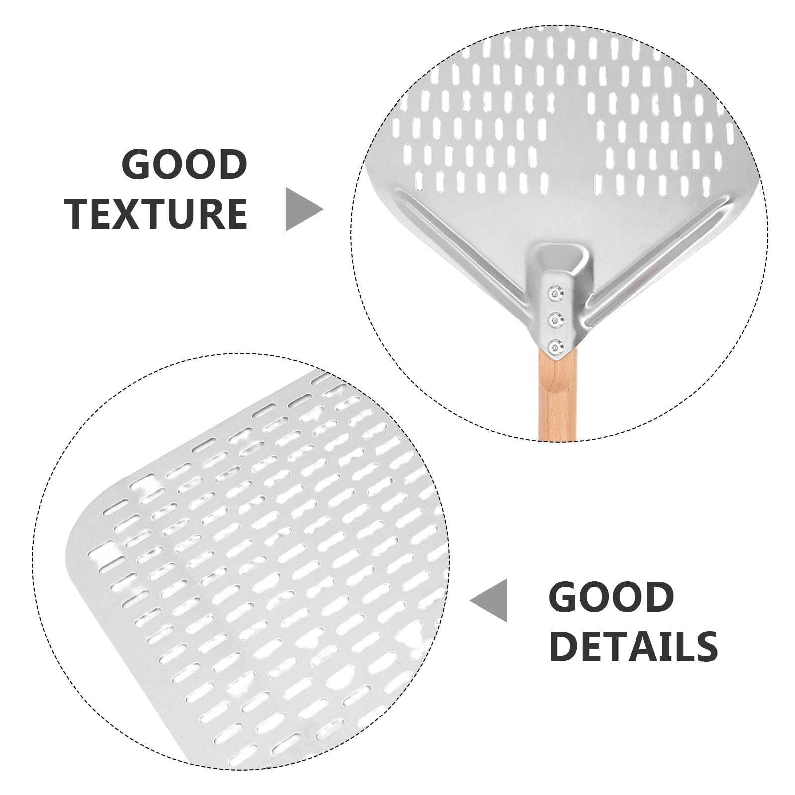 DOITOOL Pala de pizza de acero inoxidable con mango de madera para fácil almacenamiento - Pala perforada con agujeros para hornear pan artesanal casero 28.69 x 11.99 pulgadas
